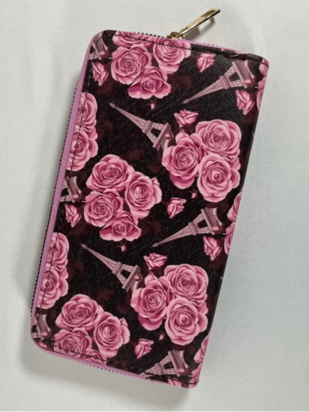 Pink Floral Eiffel Tower Zip Wallet